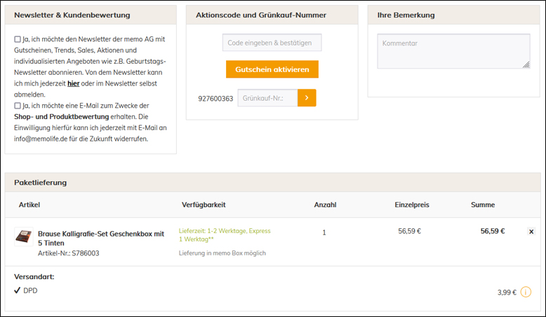 Hier kannst du deinen Rabattcode eingeben Den memolife Gutschein im Warenkorb anwenden